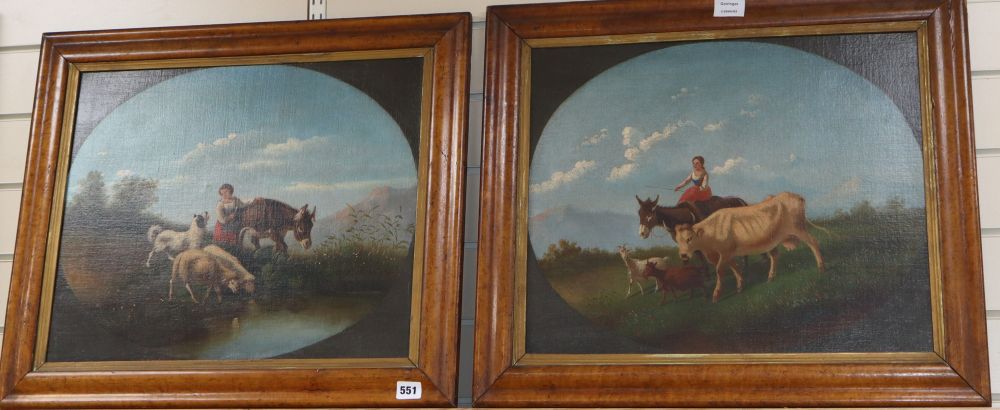 19th century English School, pair oils on canvas, Alpine scene with a child herdsman, cattle and goats, 40.5 x 50cm, maple framed